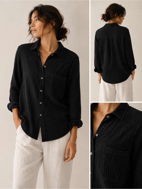CP Shades Tops - CP SHADES BLACK LINEN BUTTON FRONT SHIRT TOP SZ M